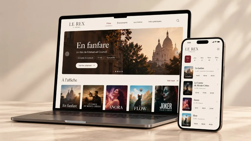 Ordinateur et téléphone montrant un site de cinéma responsive : programme, affiches et séances.